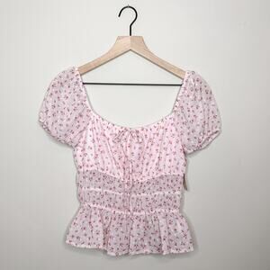 NWT Francesca's Mi Ami Pink Puff Sleeve Peplem Blouse